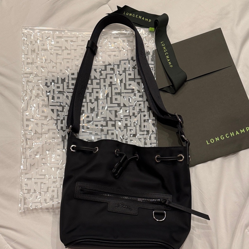 Brand New Full Set Longchamp Black Nylon Leather Shoulder/Crossbody/Hand Bag